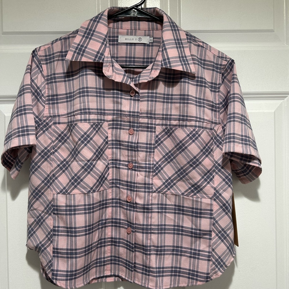 Billy T Pink and Gray Plaid Short Sleeve Shirt